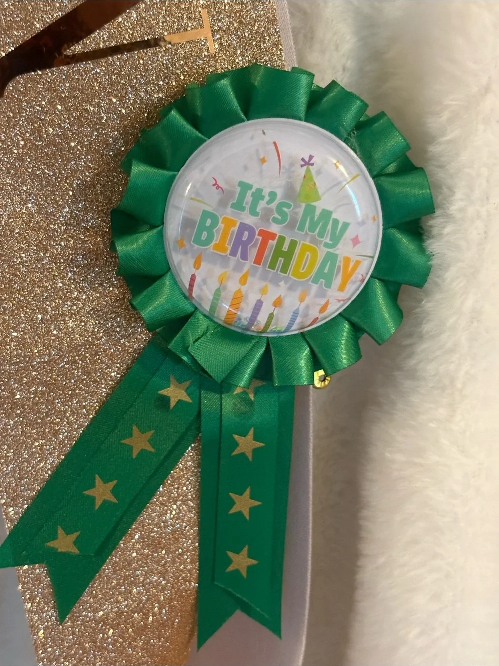 Birthday Sash with Green Ribbon Rosette - Gold Glitter